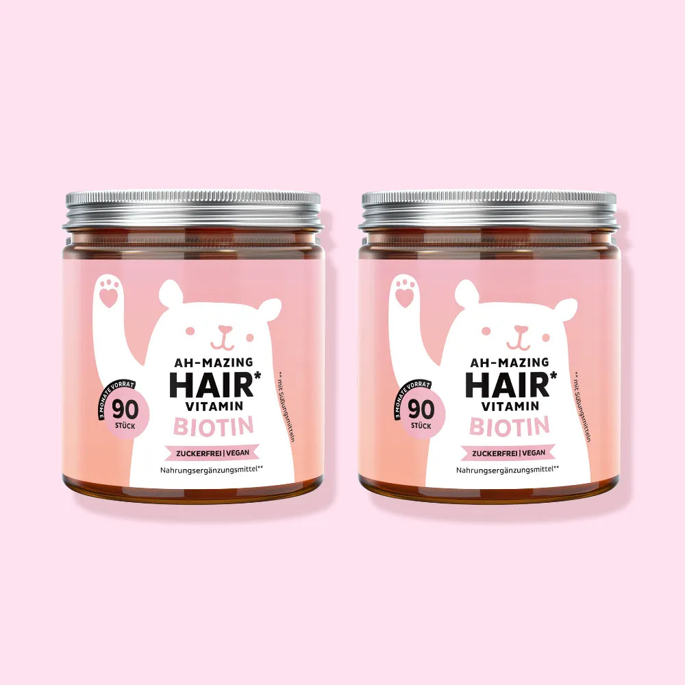 Bild des 2er-Packs der Ah-Mazing Hair Vitamine von Bears with Benefits mit insgesamt 180 Gummibärchen für eine langanhaltende Schönheitspflege.