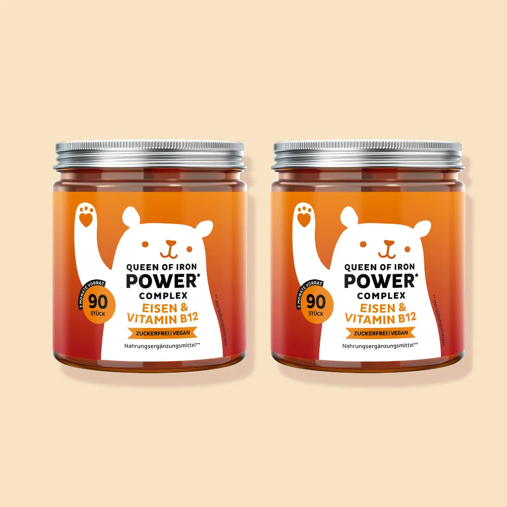 Bild des 2er-Packs der Queen of Iron Power Vitamine von Bears with Benefits mit insgesamt 180 Gummibärchen zur langfristigen Eisenversorgung.