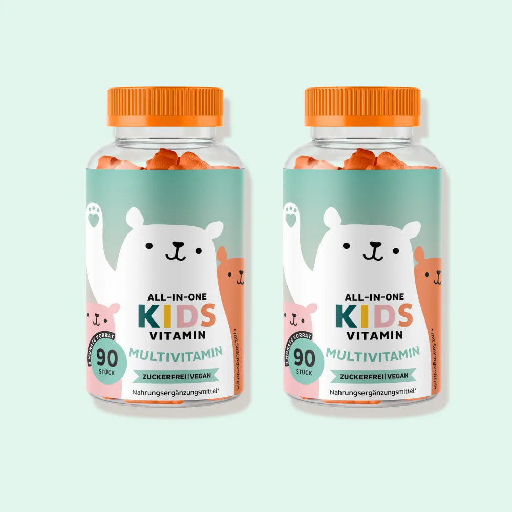 Bild des 2er-Packs der All In One Kids Vitamine von Bears with Benefits mit insgesamt 180 Gummibärchen zur langfristigen Unterstützung des kindlichen Wachstums.