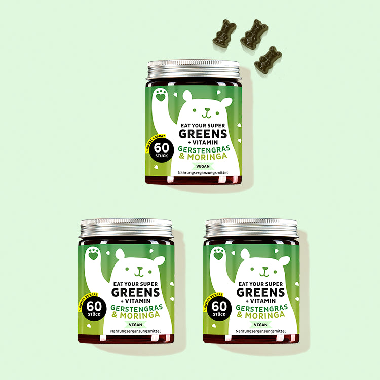 Die Eat Your Supergreens Vitamine mit Gerstengras von Bears with Benefits als 3 Monatskur.