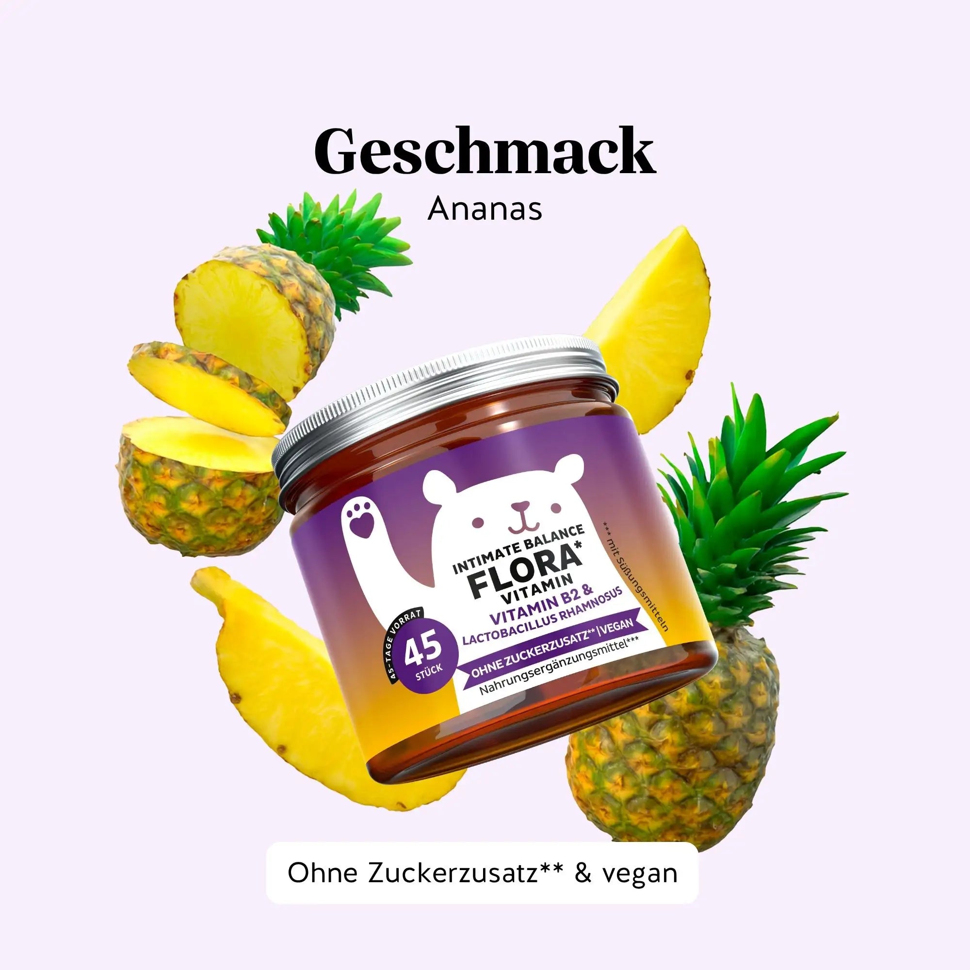 Angenehmer Ananas-Geschmack der Gummibärchen des Intimate Balance Flora vitamin von Bears with Benefits, einfach und lecker einzunehmen. Dose mit 45 Stück.