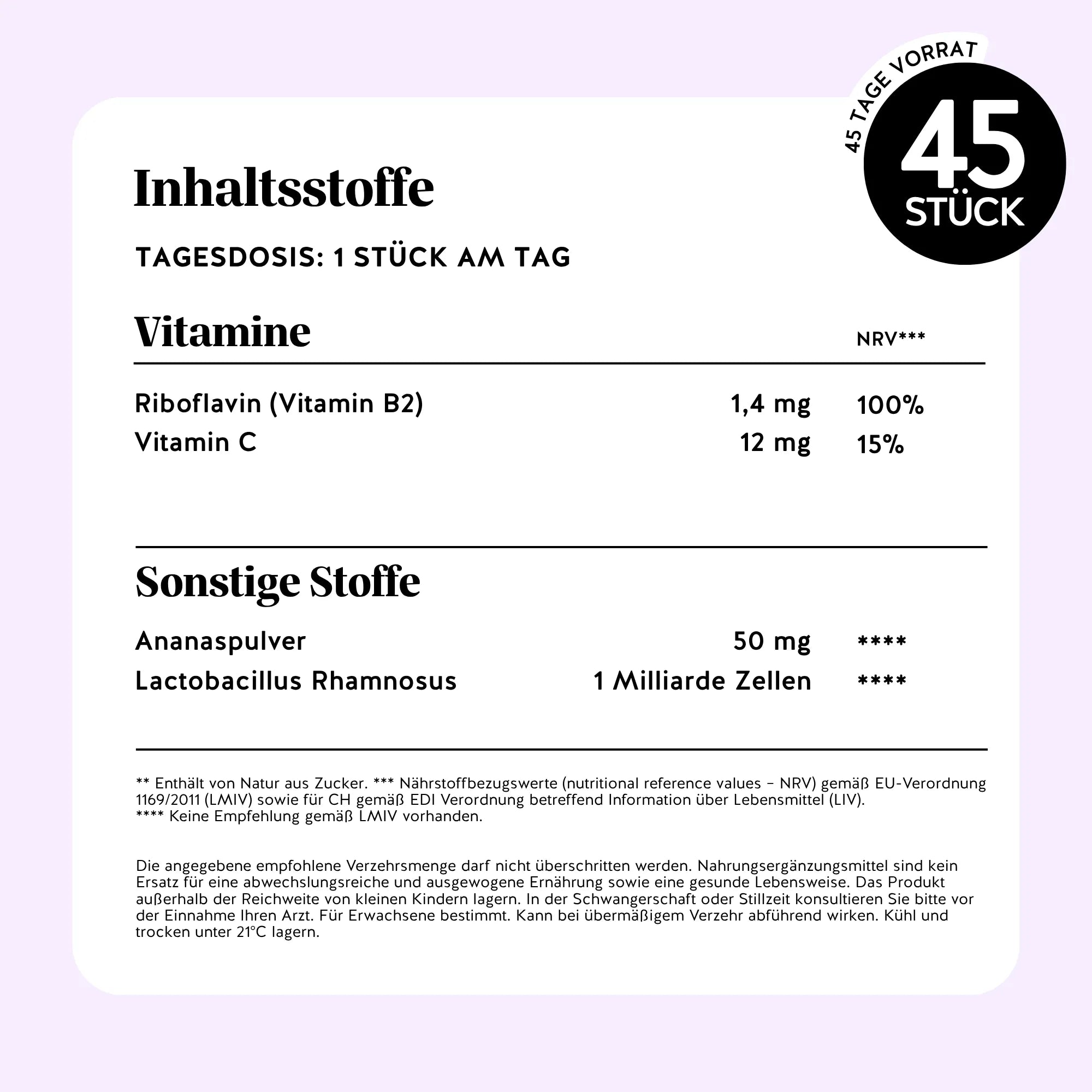 Bears with Benefits Intimate Balance Flora Vitamin – Nährwerttabelle 45 Stück: Riboflavin Vitamin B2 1,4 mg, Vitamin C 12 mg, Ananaspulver 50 mg, Lactobacillus Rhamnosus 1 Milliarde Zellen, Tagesdosis 1 Stück, ohne Zuckerzusatz
