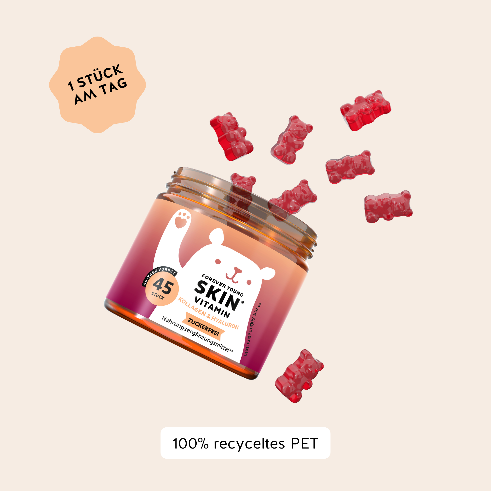 Bears with Benefits Forever Young SKIN Vitamin – Verzehrempfehlung 1 Gummibärchen pro Tag, 45 Stück Vorrat, Verpackung aus 100% recyceltem PET, 500 mg Kollagenpeptide + 100 mg Hyaluronsäure pro Bärchen, zuckerfrei