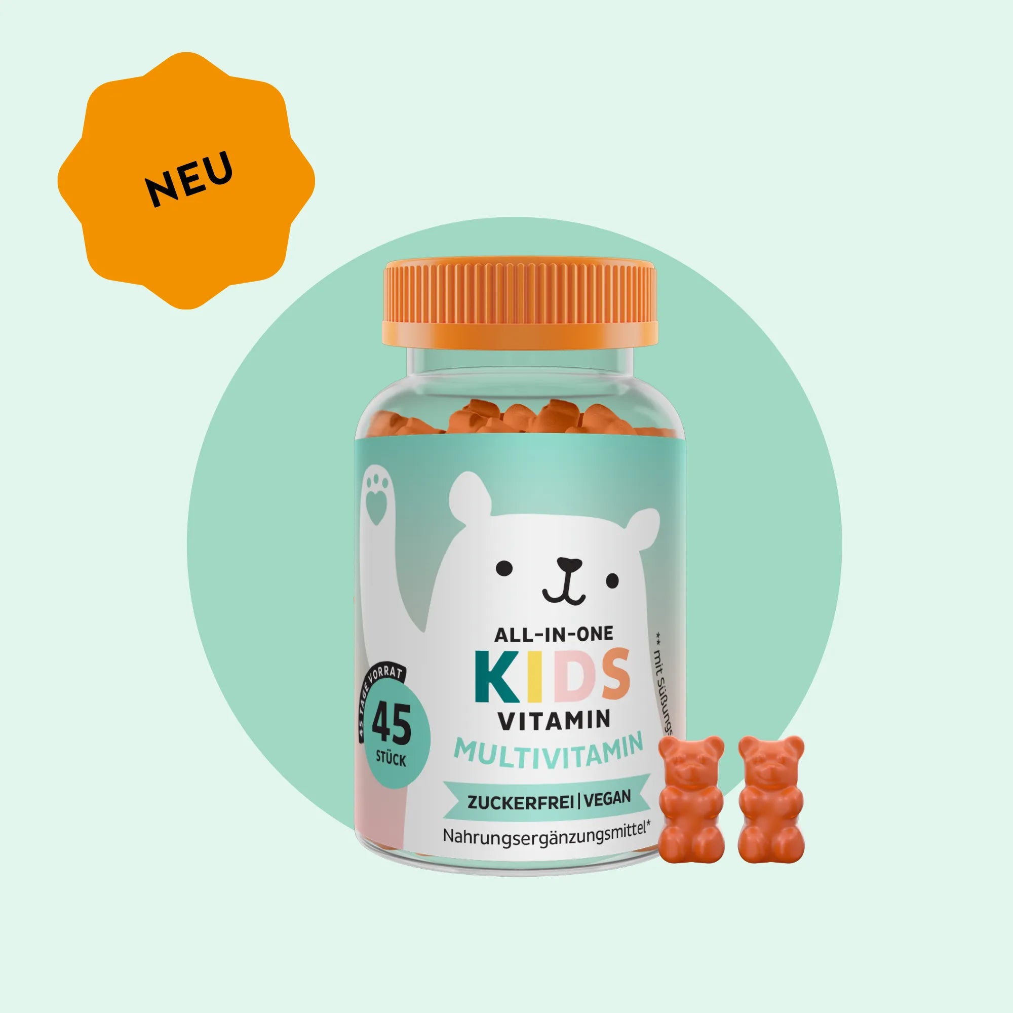 Bild der Dose mit 45 Stück der All In One Kids Vitamine von Bears with Benefits in Form veganer Gummibärchen, entwickelt zur Unterstützung von Wachstum und täglichem Wohlbefinden von Kindern.