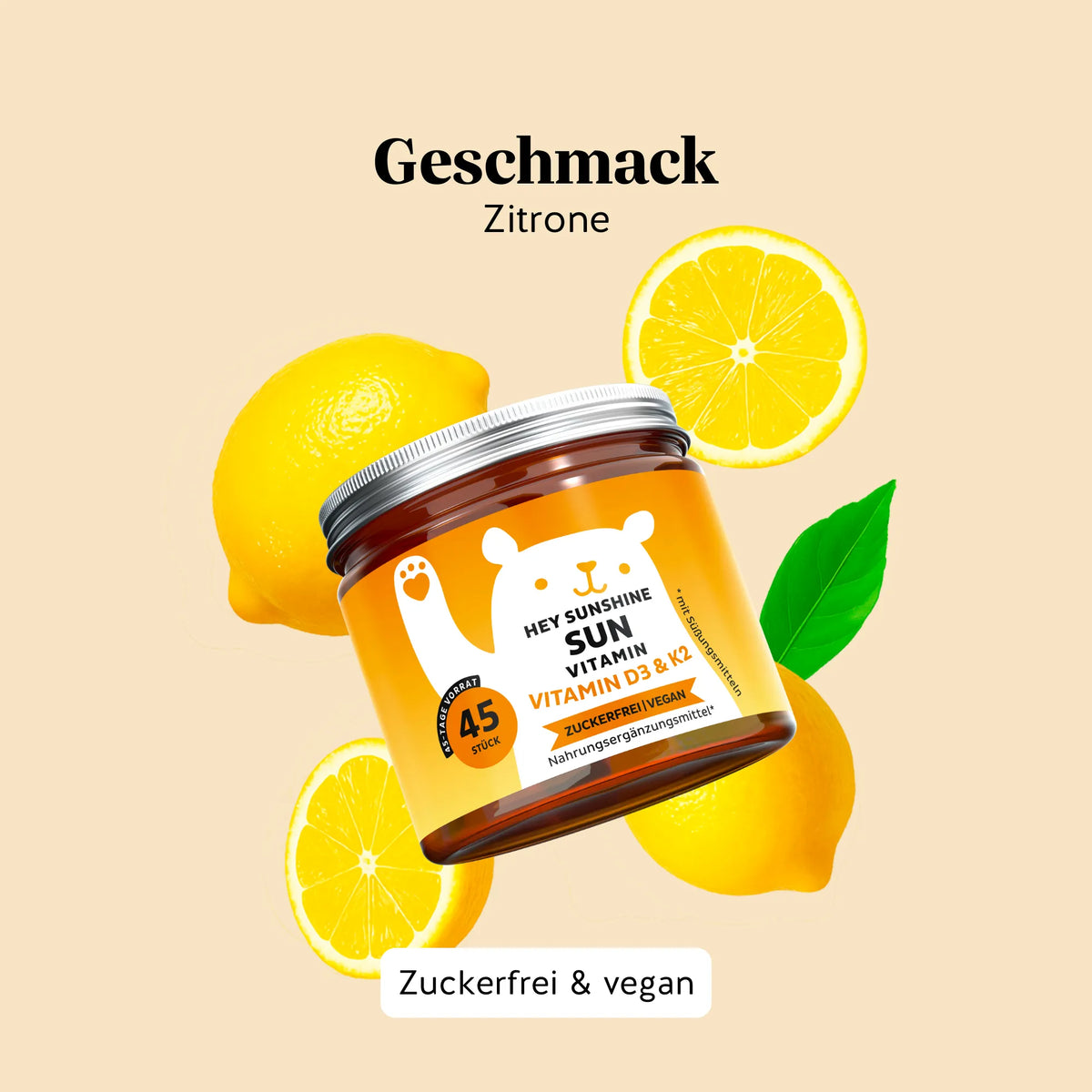 Bears with Benefits HEY SUNSHINE SUN Vitamin – Vegane Vitamin D3 & K2 Gummibärchen mit Zitronengeschmack für Immunsystem* und Knochen*, Vitamin D3 25 µg (1000 IE) + Vitamin K2 25 µg pro Bärchen, 45 Stück, natürlicher Geschmack, zuckerfrei, vegan