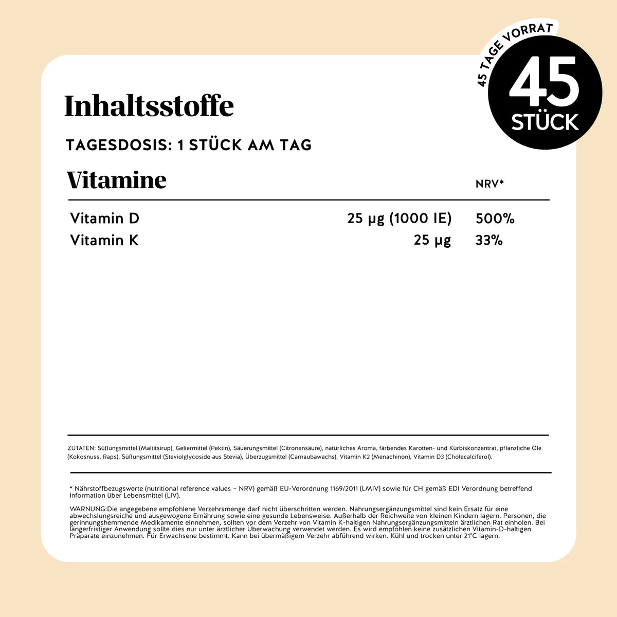 Bears with Benefits HEY SUNSHINE SUN Vitamin – Nährwerttabelle und Inhaltsstoffe: Vitamin D3 25 µg (1000 IE) und Vitamin K2 25 µg, Tagesdosis 1 Stück, 90 Stück Packung, zuckerfrei, vegan