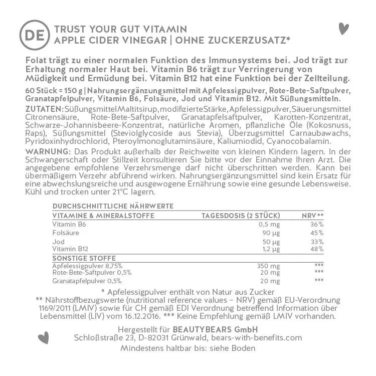 Hier siehst du die Nährstofftabelle der Trust Your Gut Vitamin mit Apfelessig von Bears with Benefits.