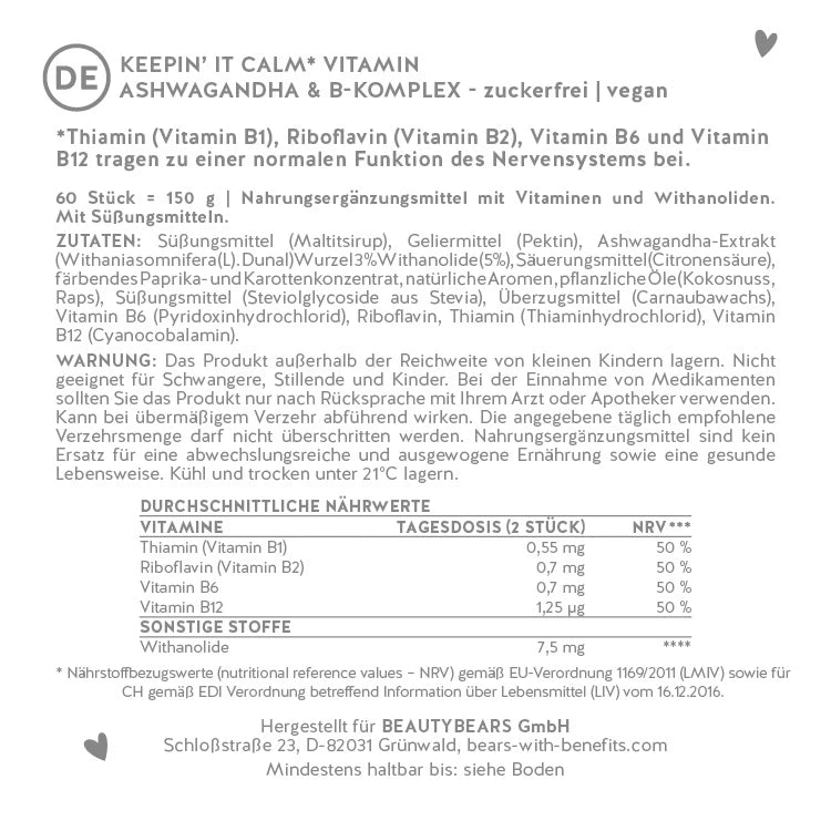 Hier sind die Inhaltsstoffe der Bears with Benefits Keepin' It Calm Vitamin mit Ashwagandha vorgestellt.