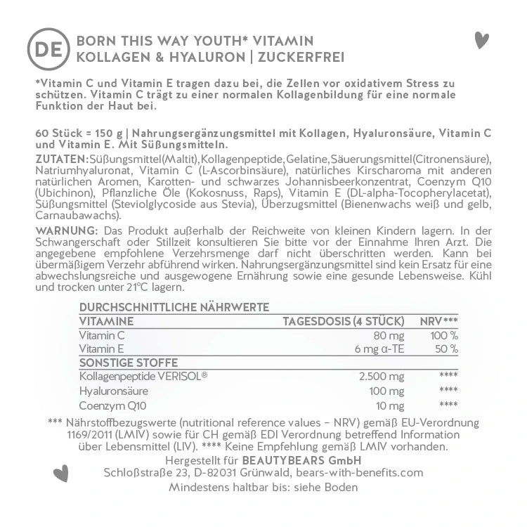 Hier siehst du die Nährstofftabelle der Born This Way Vitamin mit Kollagen und Hyaluron zuckerfrei von Bears with Benefits.