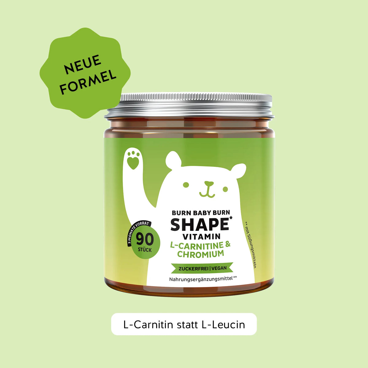 Bears with Benefits Burn Baby Burn Vitamin – Vegane, zuckerfreie Gummies mit Chrom, Biotin, Zink, L-Carnitin & Grüntee-Extrakt, 90 Bärchen mit Zitronengeschmack.