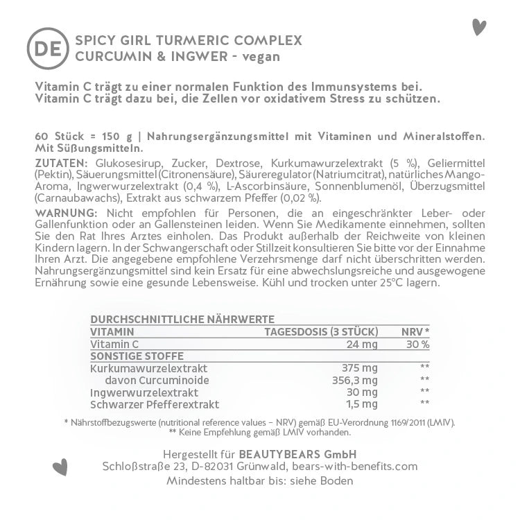 Hier siehst du die Nährstofftabelle der Spicy Girl Turmeric Complex mit Curcumin und Ingwer von Bears with Benefits.