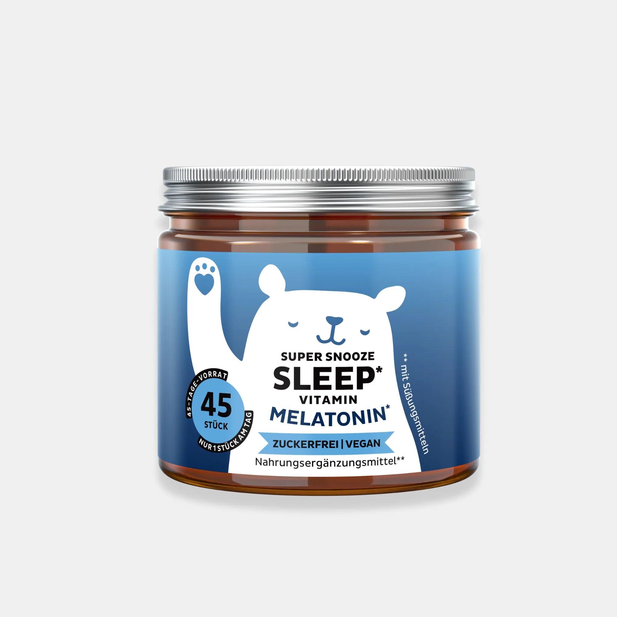 Bild der Dose mit 45 Stück des Super Snooze Sleep* Vitamin Melatonin von Bears with Benefits in Gummibärchenform (zuckerfrei & vegan), entwickelt zur Unterstützung einer schnelleren Einschlafzeit mit Melatonin und Vitamin B6.