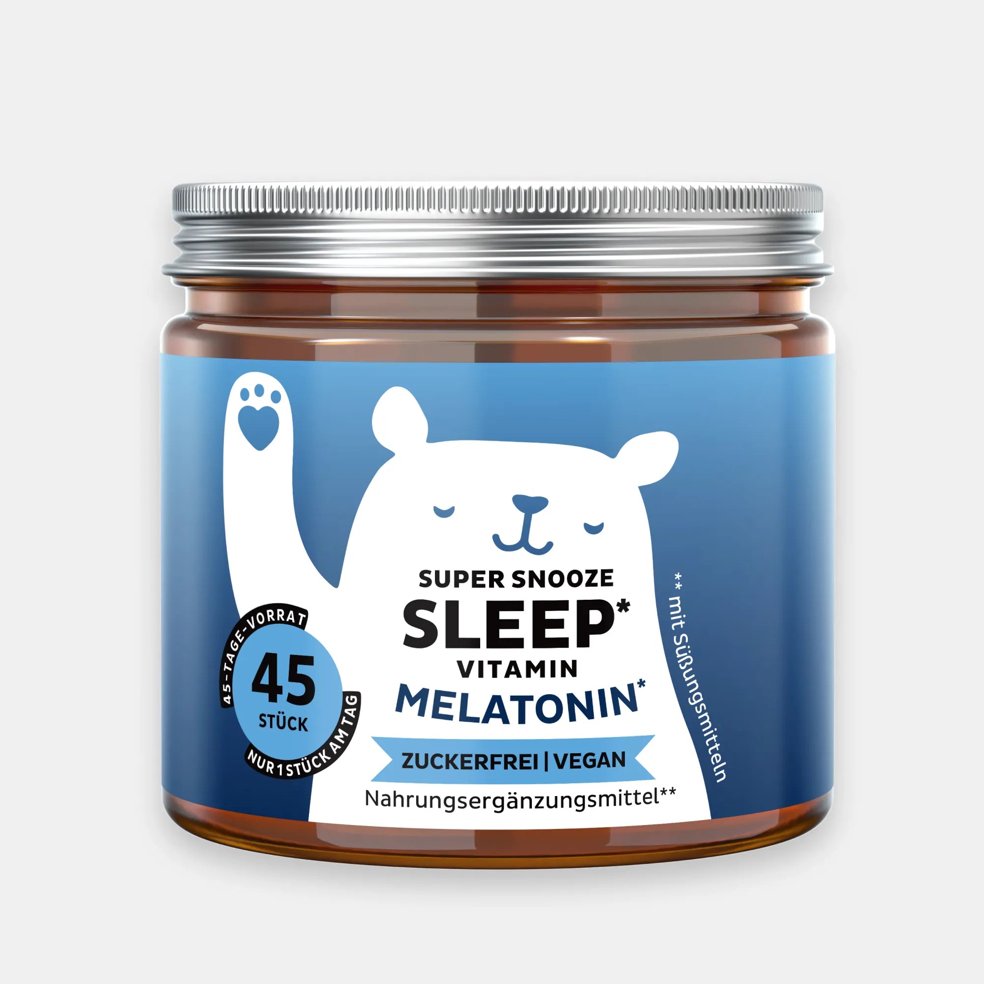 Bild der Dose mit 45 Stück des Super Snooze Sleep* Vitamin Melatonin von Bears with Benefits in Gummibärchenform (zuckerfrei & vegan), entwickelt zur Unterstützung einer schnelleren Einschlafzeit mit Melatonin und Vitamin B6.