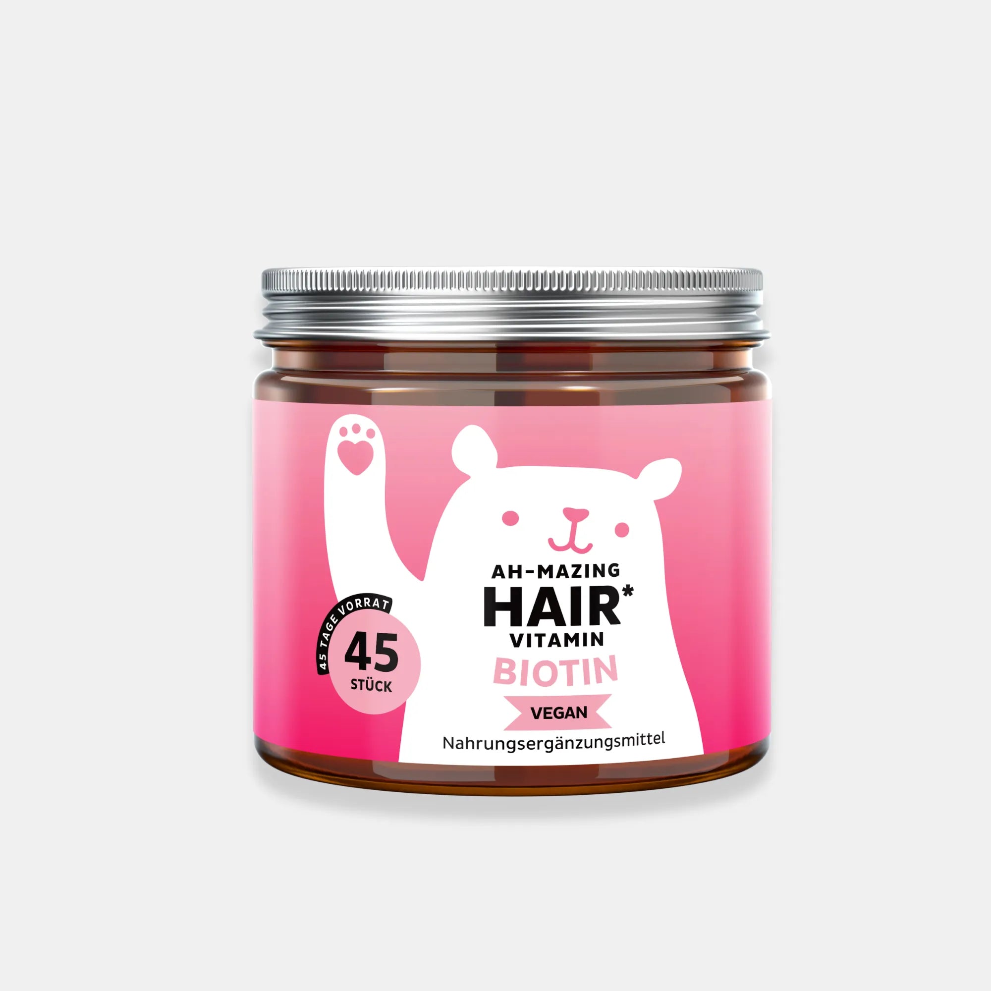 Bild der Dose mit 45 Stück des AH-MAZING Hair* Vitamin Biotin von Bears with Benefits (vegan) vor grafischem Hintergrund, mit Hinweis „NEU“ und „10.000 µg Biotin pro Bärchen“.