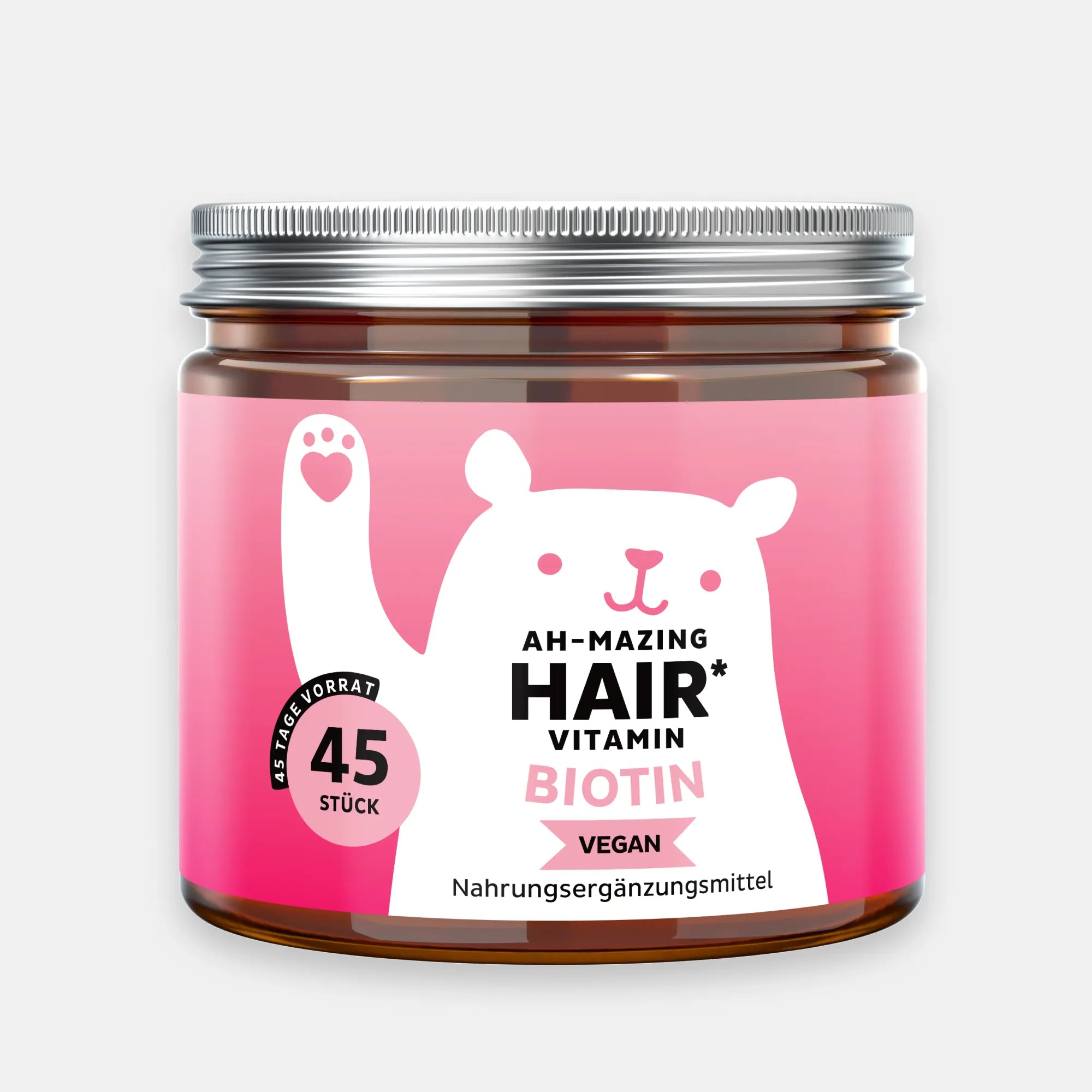 Bild der Dose mit 45 Stück des AH-MAZING Hair* Vitamin Biotin von Bears with Benefits (vegan) vor grafischem Hintergrund, mit Hinweis „NEU“ und „10.000 µg Biotin pro Bärchen“.