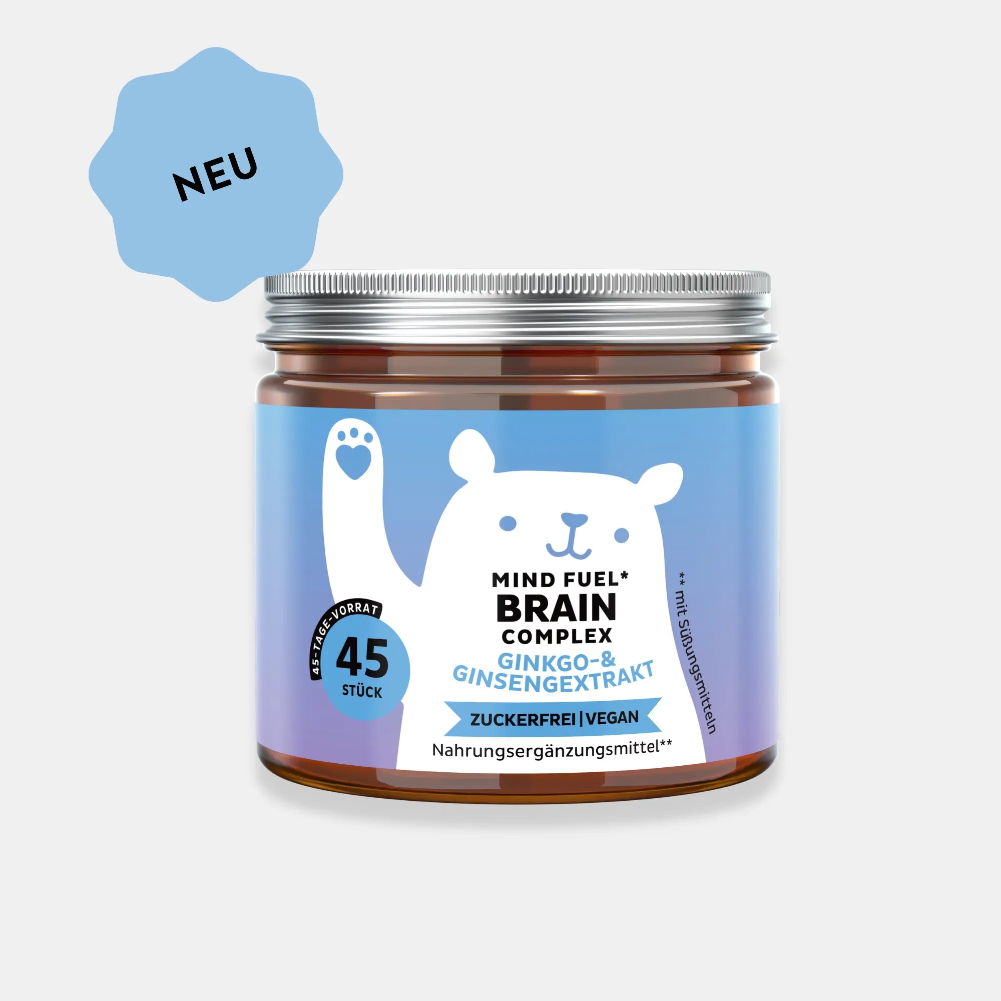 Produktbild der Dose Mind Fuel Brain Complex mit 45 Gummies, mit Ginkgo- und Ginsengextrakt, zuckerfrei und vegan – Bears with Benefits.