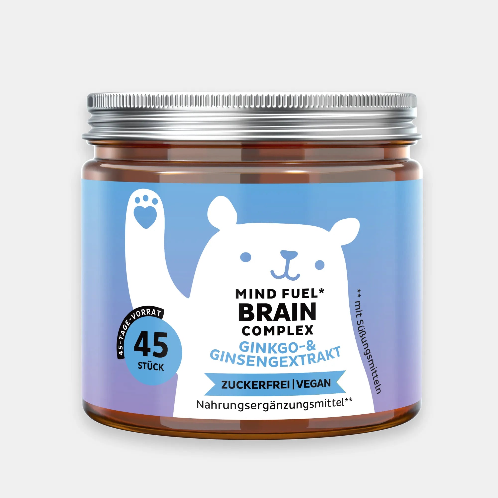 Produktbild der Dose Mind Fuel Brain Complex mit 45 Gummies, mit Ginkgo- und Ginsengextrakt, zuckerfrei und vegan – Bears with Benefits.
