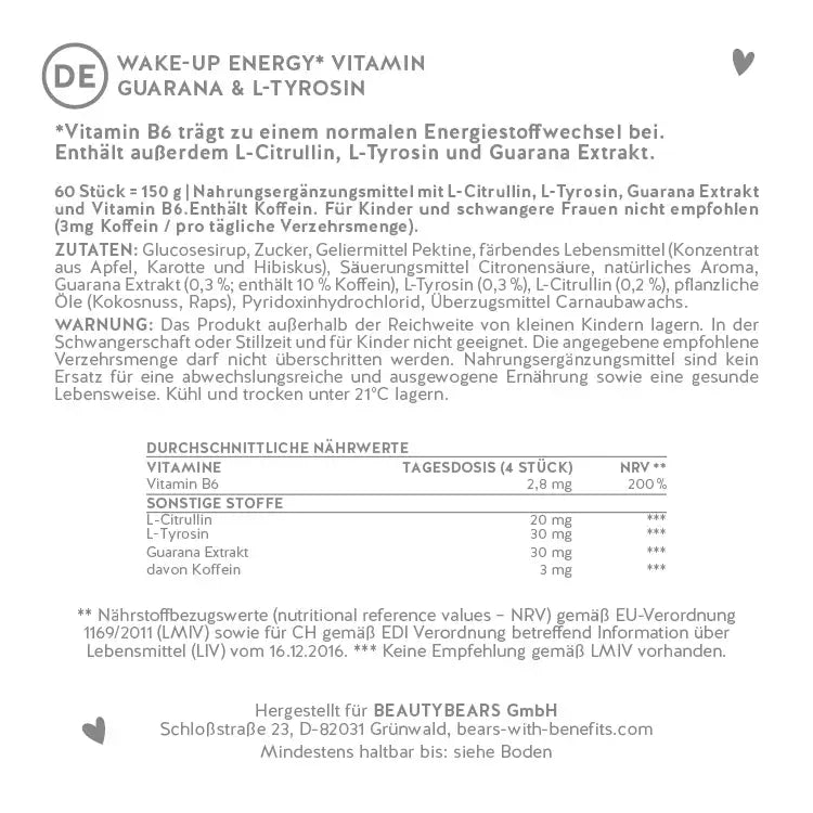 Hier siehst du die Nährstofftabelle der Wake-up Energy Vitamin mit Guarana und L-Tyrosin von Bears with Benefits.