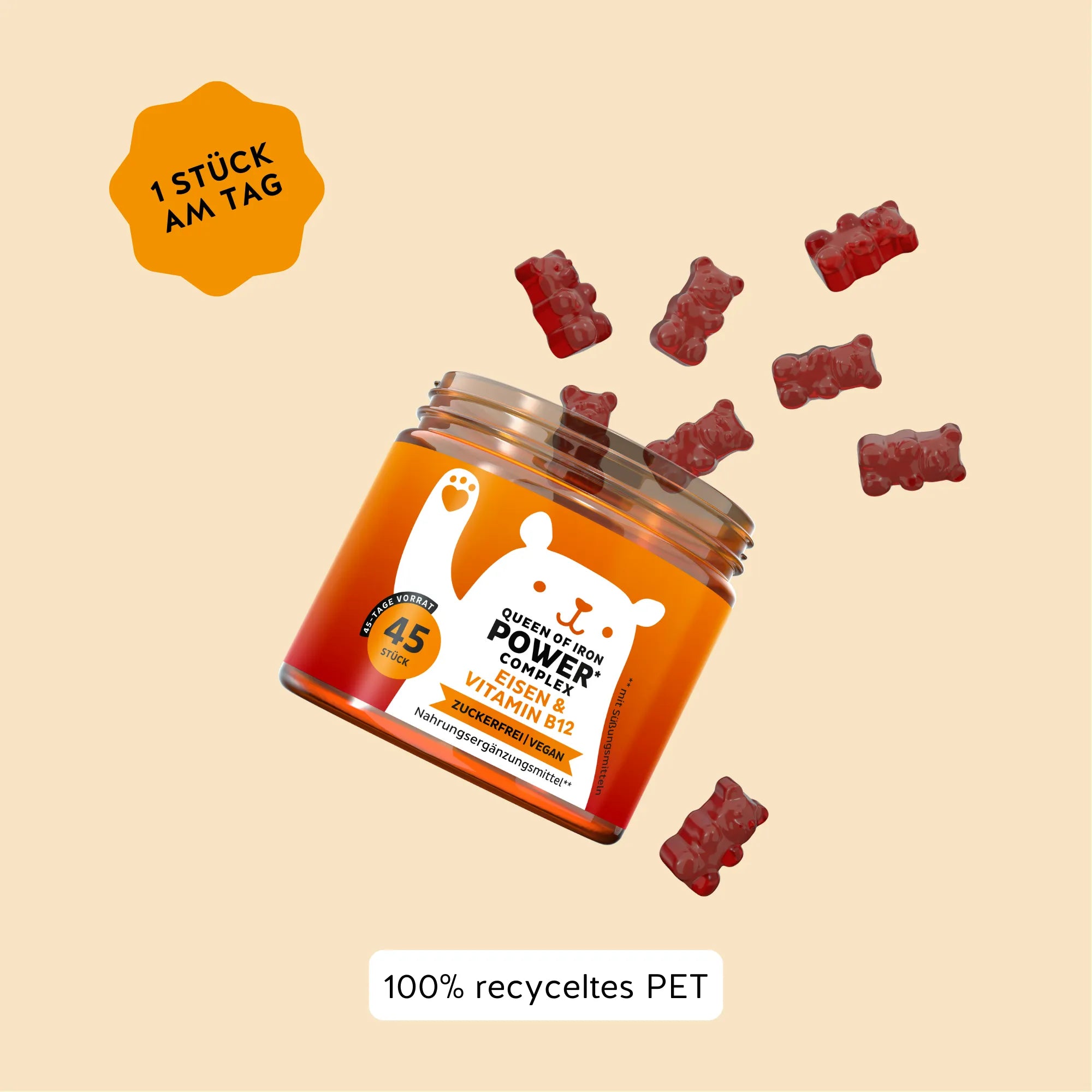 Verzehrempfehlung für die Queen of Iron Power Vitamine von Bears with Benefits: 1 Bärchen pro Tag. Dose mit 45 Stück.