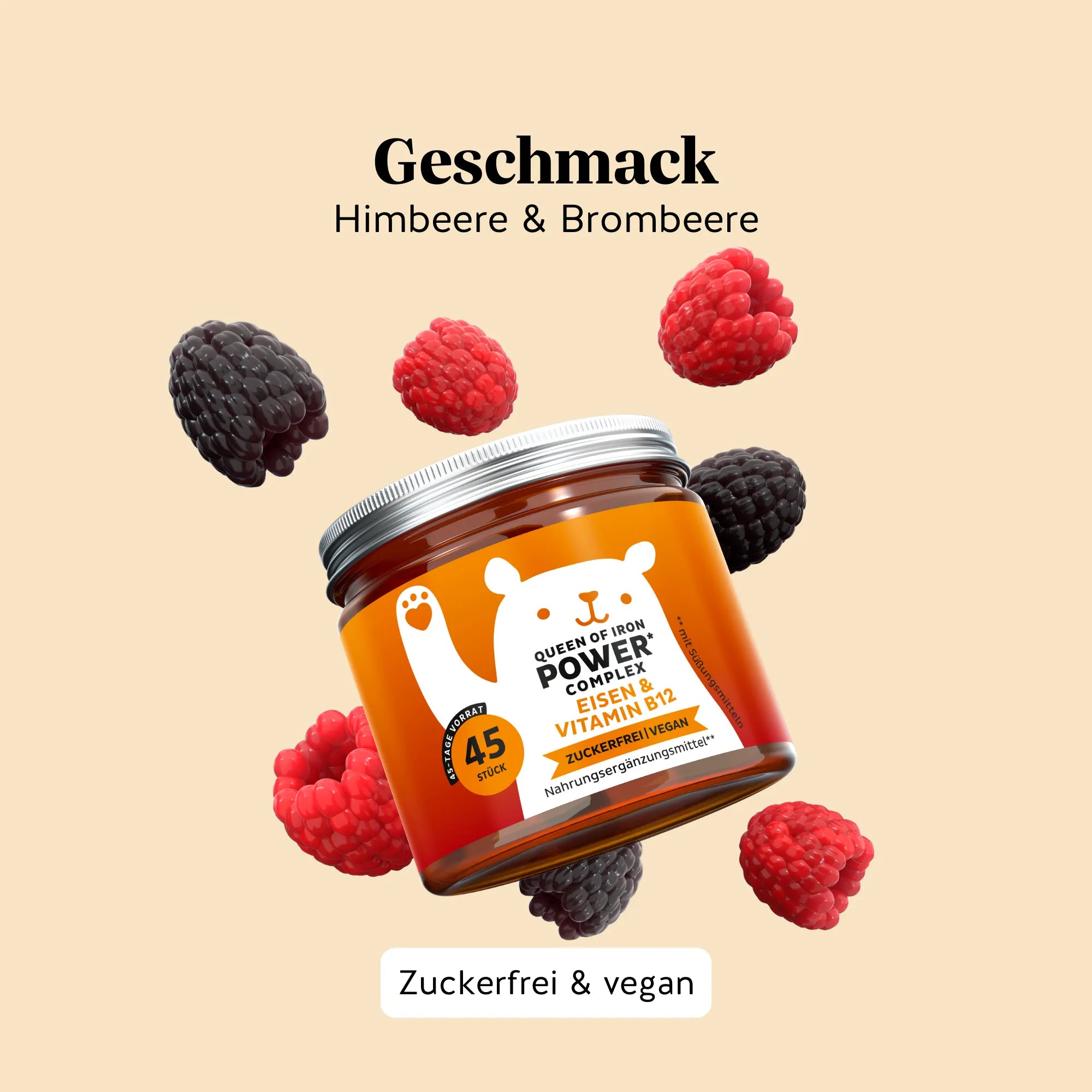 Natürlicher Geschmack nach Brombeere und Himbeere der Queen of Iron Power Gummibärchen von Bears with Benefits, angenehm und leicht einzunehmen. Dose mit 45 Stück.