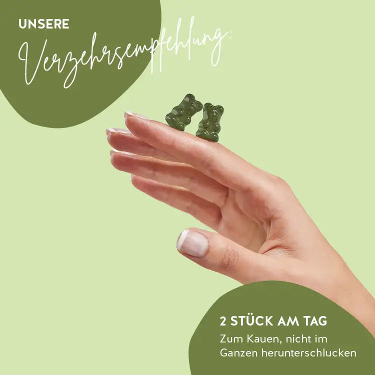Dies ist die Verzehrsempfehlung der Eat your Super Greens Vitamins von Bears with Benefits.