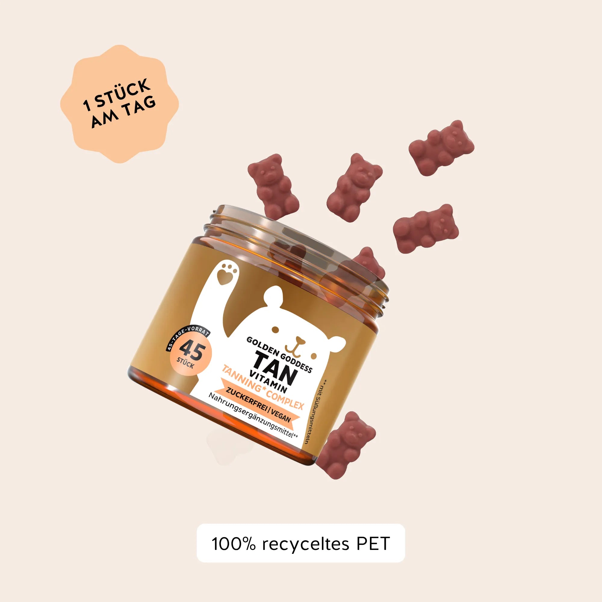 Bears with Benefits Golden Goddess Tan Vitamin – Verzehrempfehlung 1 Beta-Carotin Gummibärchen pro Tag, 45 Stück Vorrat, Verpackung aus 100% recyceltem PET, zuckerfrei und vegan