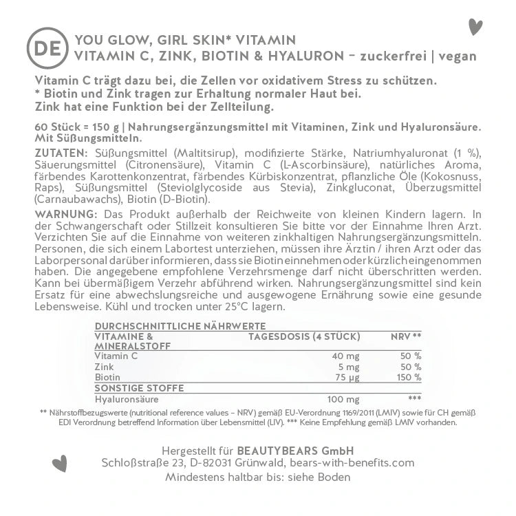 Hier siehst Du die Nährstofftabelle von You Glow Girl Skin von Bears with Benefits