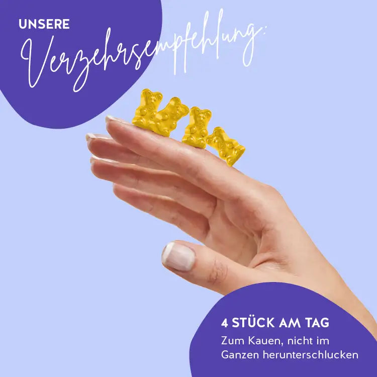 Auf diesem Bild ist die Verzehrempfehlung für die You Glow, Girl Skin Bärchen mit Biotin, Zink und Hyaluron dargestellt. 4 Stück am Tag - zum Kauen, nicht im Ganzen herunterschlucken.