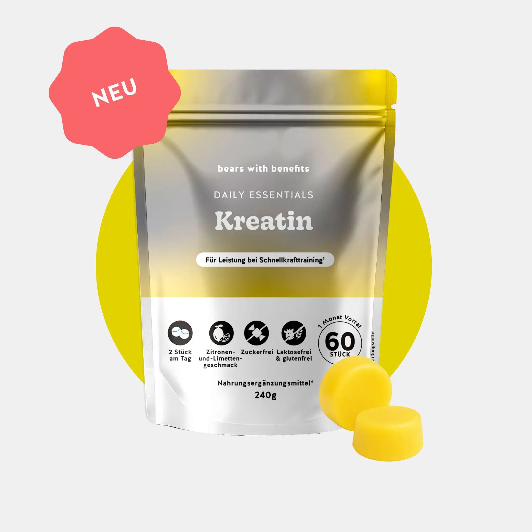 Bears with Benefits Daily Essentials Kreatin – vegane Kreatin Gummies für Leistung bei Schnellkrafttraining, 1.500 mg Kreatin pro Stück und 3.000 mg Kreatin pro Tagesdosis 2 Stück, 60 Stück, 1 Monat Vorrat, neu, Zitronen- und Limettengeschmack, zuckerfrei, laktosefrei & glutenfrei, Nahrungsergänzungsmittel, 240 g