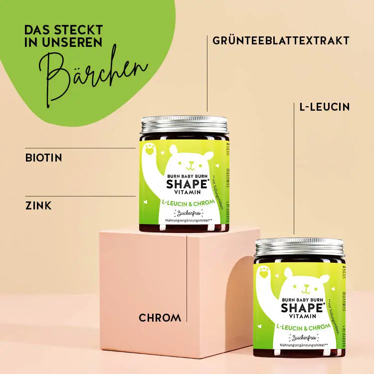 Diese Inhaltsstoffe und Nährstoffe stecken in den Burn Baby Burn Shape Vitamins von Bears with Benefits: Biotin, Zink, Chrom, L-Leucin und Grünteeblattextrakt.