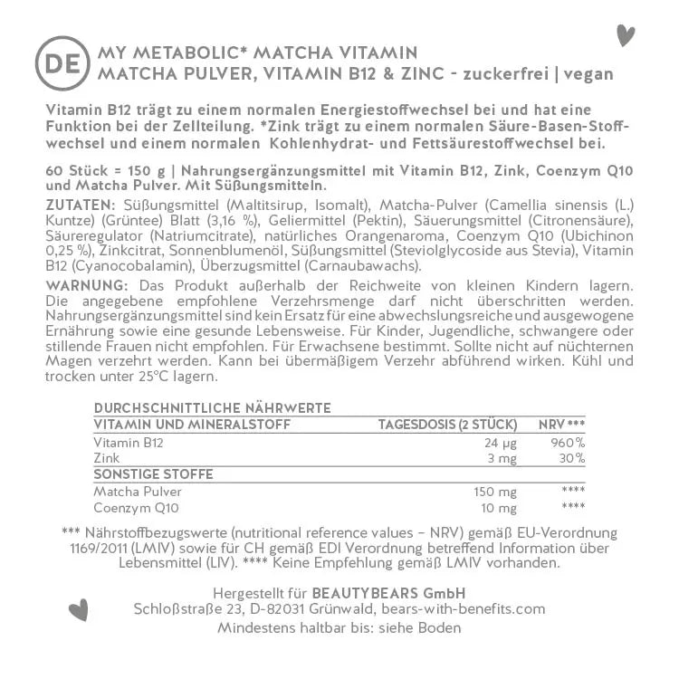 Hier findest Du die Inhaltsstoff liste unserer My Metabolic Matcha Bärchen