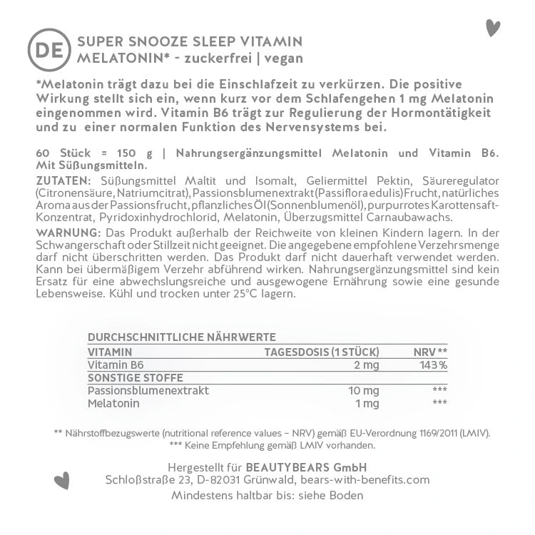 Hier siehst du die Nährstofftabelle der Super Snooze Sleep Vitamin mit Melatonin* von Bears with Benefits.