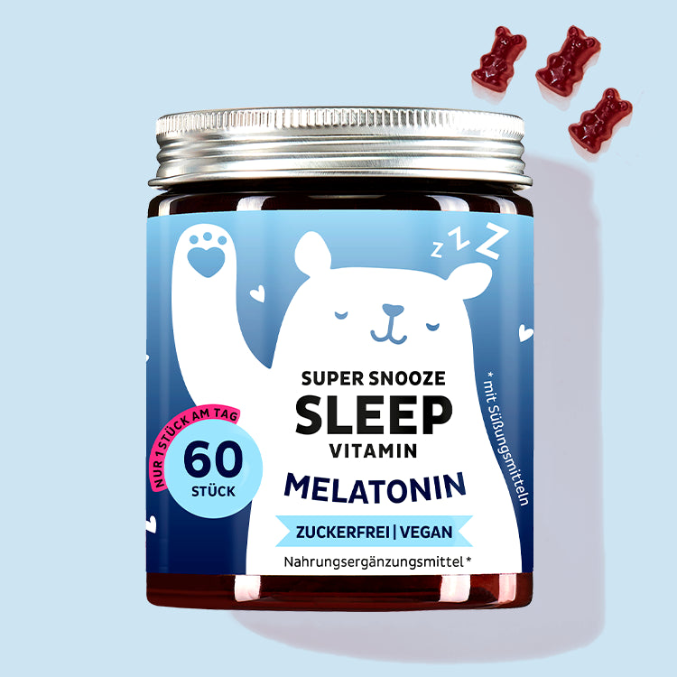 Auf diesem Bild ist eine Dose des Produkts Super Snooze Sleep mit Melatonin von Bears with Benefits abgebildet.