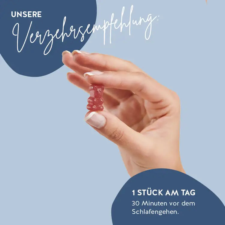 Dies ist die Verzehrsempfehlung der Super Snooze Sleep Vitamins von Bears with Benefits
