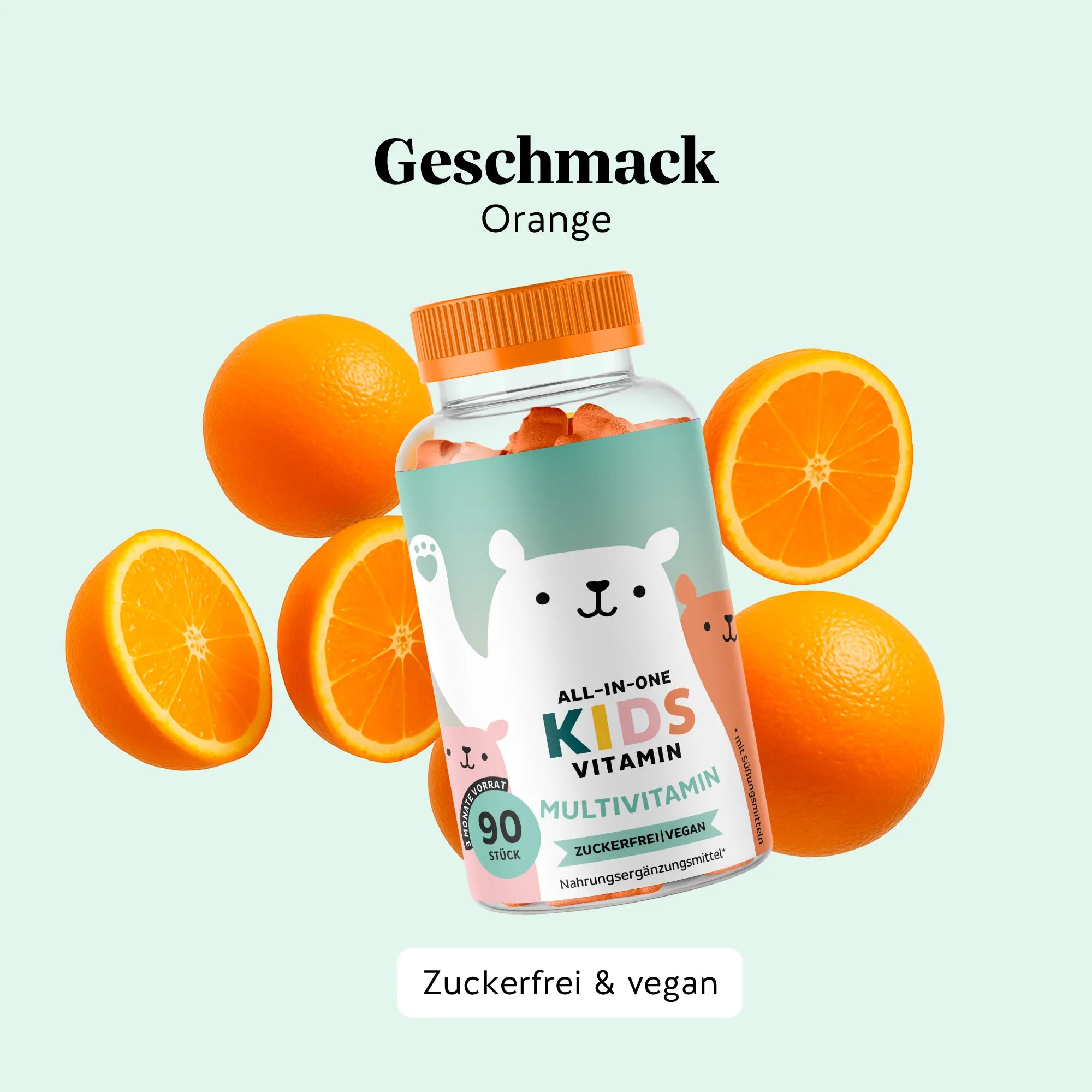 Angenehmer Orangengeschmack der All In One Kids Gummibärchen von Bears with Benefits, einfach und lecker einzunehmen. Dose mit 90 Stück.
