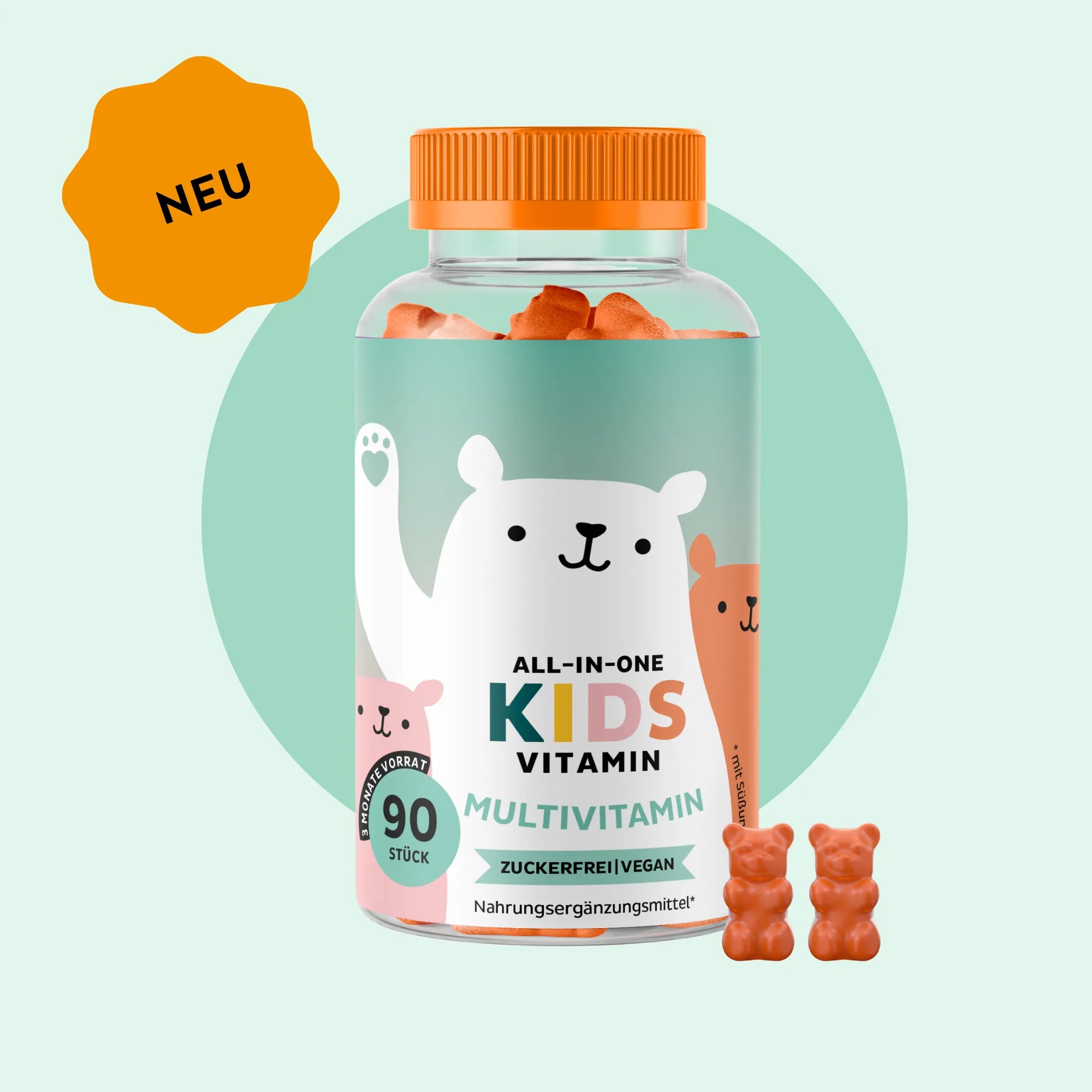 Bild der Dose mit 90 Stück der All In One Kids Vitamine von Bears with Benefits in Form veganer Gummibärchen, entwickelt zur Unterstützung von Wachstum und täglichem Wohlbefinden von Kindern.