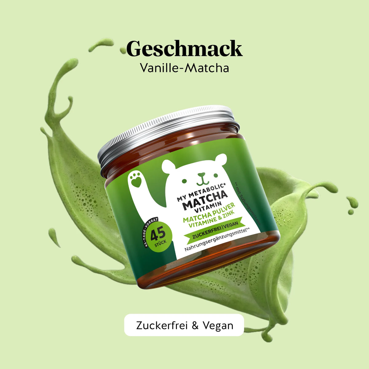 Bears with Benefits My Metabolic Matcha – natürlicher Vanille-Matcha-Geschmack, zuckerfrei und vegan, 45 Bärchen.