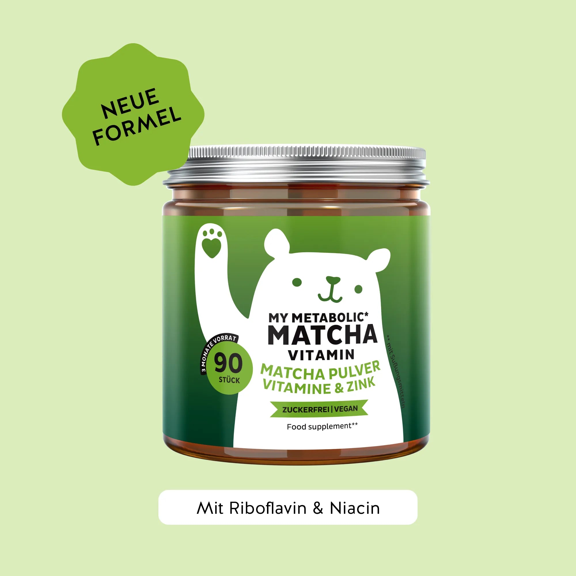 Bears with Benefits My Metabolic Matcha – zuckerfreie Gummibärchen mit Vitamin B12, Riboflavin und Niacin zur Unterstützung des Energiestoffwechsels, 90 Bärchen Geschmack Vanille-Matcha.