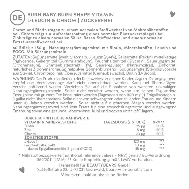 Das Bild zeigt die komplette Liste von Inhaltsstoffe von Burn Baby Burn Shape Vitamine in Gummibärchenform.