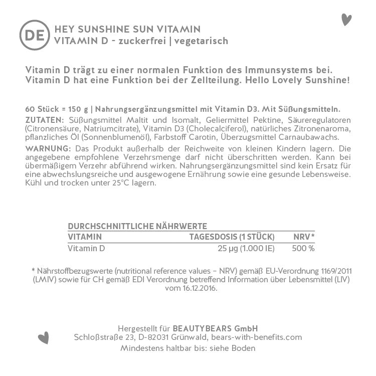 Hier siehst du die Nährstofftabelle der Hey Sunshine Sun Vitamin mit Vitamin D3 von Bears with Benefits.