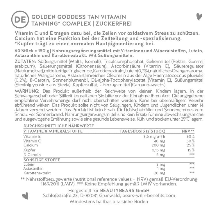 Eine Übersicht über die Inhaltsstoffe von Golden Goddess Tan. Ein Nahrungsergänzungsmittel mit Kupfer was zu normalen Hautpigmentierung trägt.