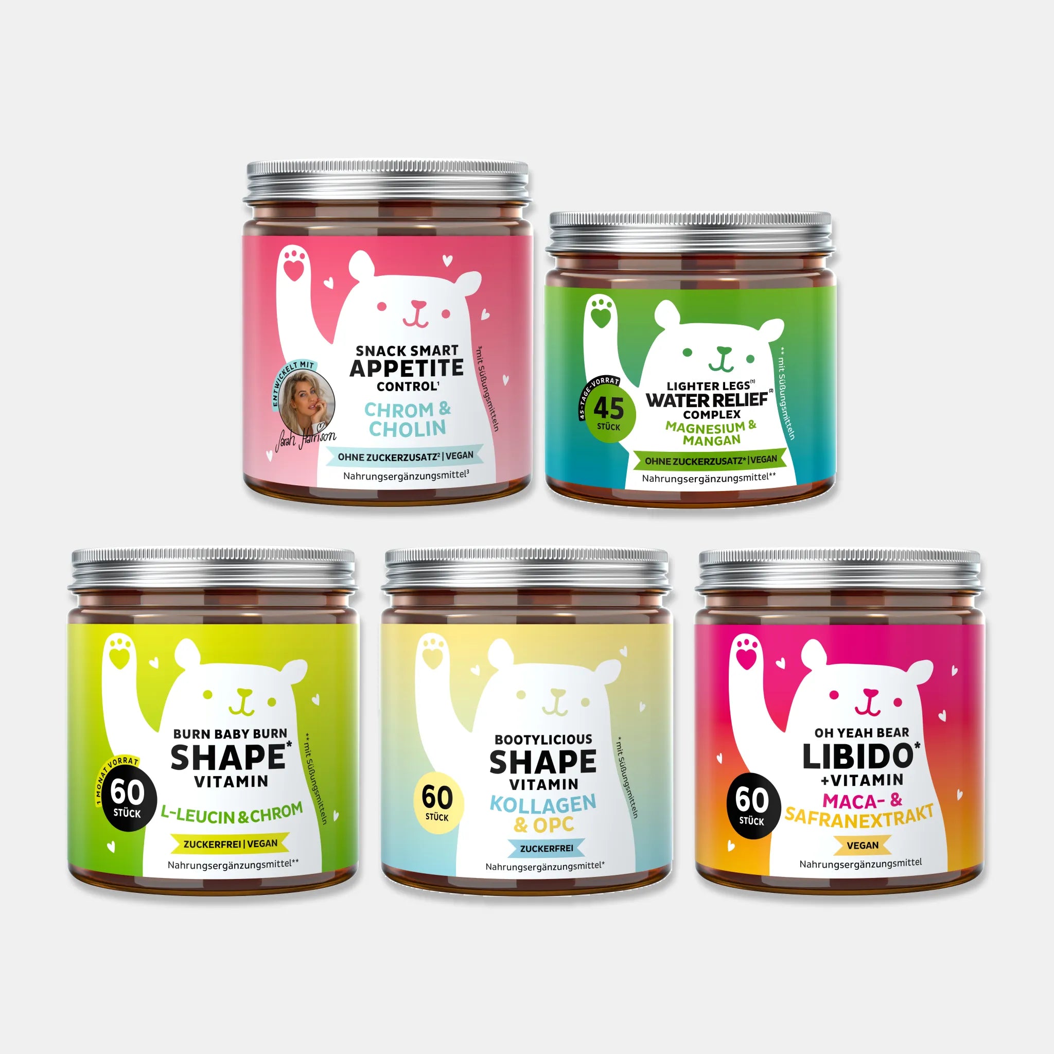Bears with Benefits Hot Summer Bundle mit Snack Smart Appetite Control, Lighter Legs Water Relief, Burn Baby Burn Shape, Bootylicious Shape und Oh Yeah Bear Libido – Gummibärchen mit Chrom, Cholin, Mangan, Magnesium, L-Leucin, Kollagen, OPC, Maca und Safranextrakt, je 60 Stück, vegan oder zuckerfrei.