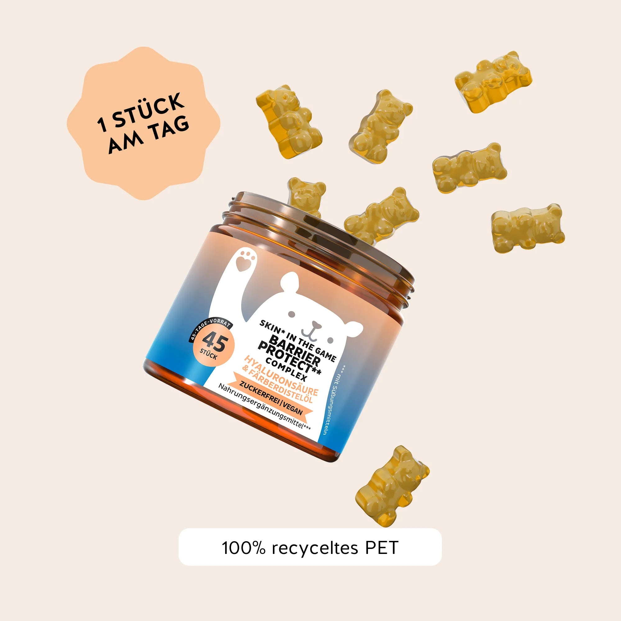 Bears with Benefits Skin* in the Game Barrier Protect** Complex – Verzehrempfehlung 1 Haut Gummibärchen am Tag, 20 mg Hyaluronsäure, 20 mg Färberdistelöl, 10 mg Traubenkernextrakt, 5 mg Zink, 20 mg Vitamin C und 12 mg Vitamin E pro Stück, 45 Stück, 45 Tage Vorrat, zuckerfrei & vegan, Verpackung aus 100% recyceltem PET