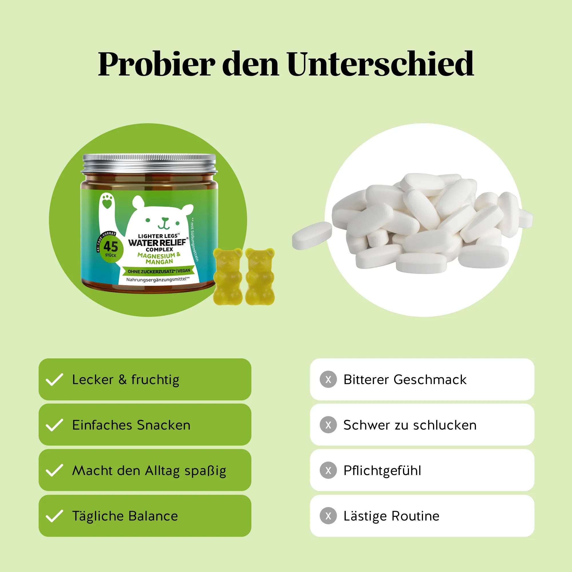 Bears with Benefits Lighter Legs Water Relief Complex – Vegane Magnesium & Mangan Gummibärchen als Alternative zu Tabletten für die tägliche Balance, 57 mg Magnesium und 0,5 mg Mangan pro Bärchen, 45 Stück, lecker und fruchtig, einfaches Snacken