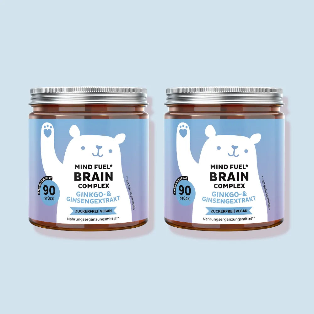 Bears with Benefits Mind Fuel* Brain Complex – Vegane Vitamin-Gummibärchen mit Ginkgo- & Ginsengextrakt für Fokus & Gedächtnis, Ginsengextrakt 125 mg und Ginkgoextrakt 10 mg pro Bärchen, 2er Pack je 90 Stück, 3 Monate Vorrat, zuckerfrei, vegan