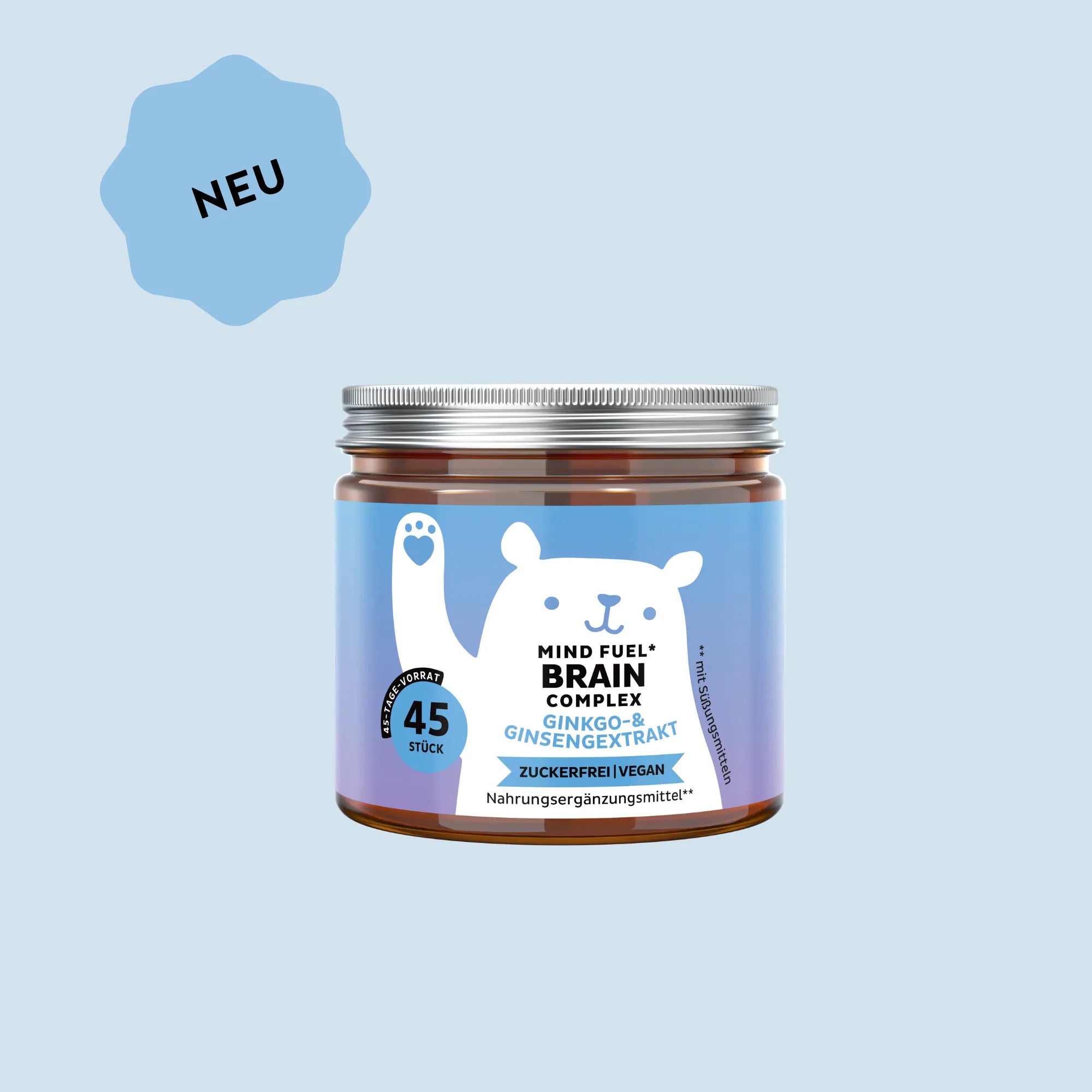 Bears with Benefits Mind Fuel* Brain Complex – Vegane Vitamin-Gummibärchen mit Ginkgo- & Ginsengextrakt für Fokus & Gedächtnis, Ginsengextrakt 25 mg und Ginkgoextrakt 10 mg pro Bärchen, 45 Stück, neue Formel, zuckerfrei, vegan