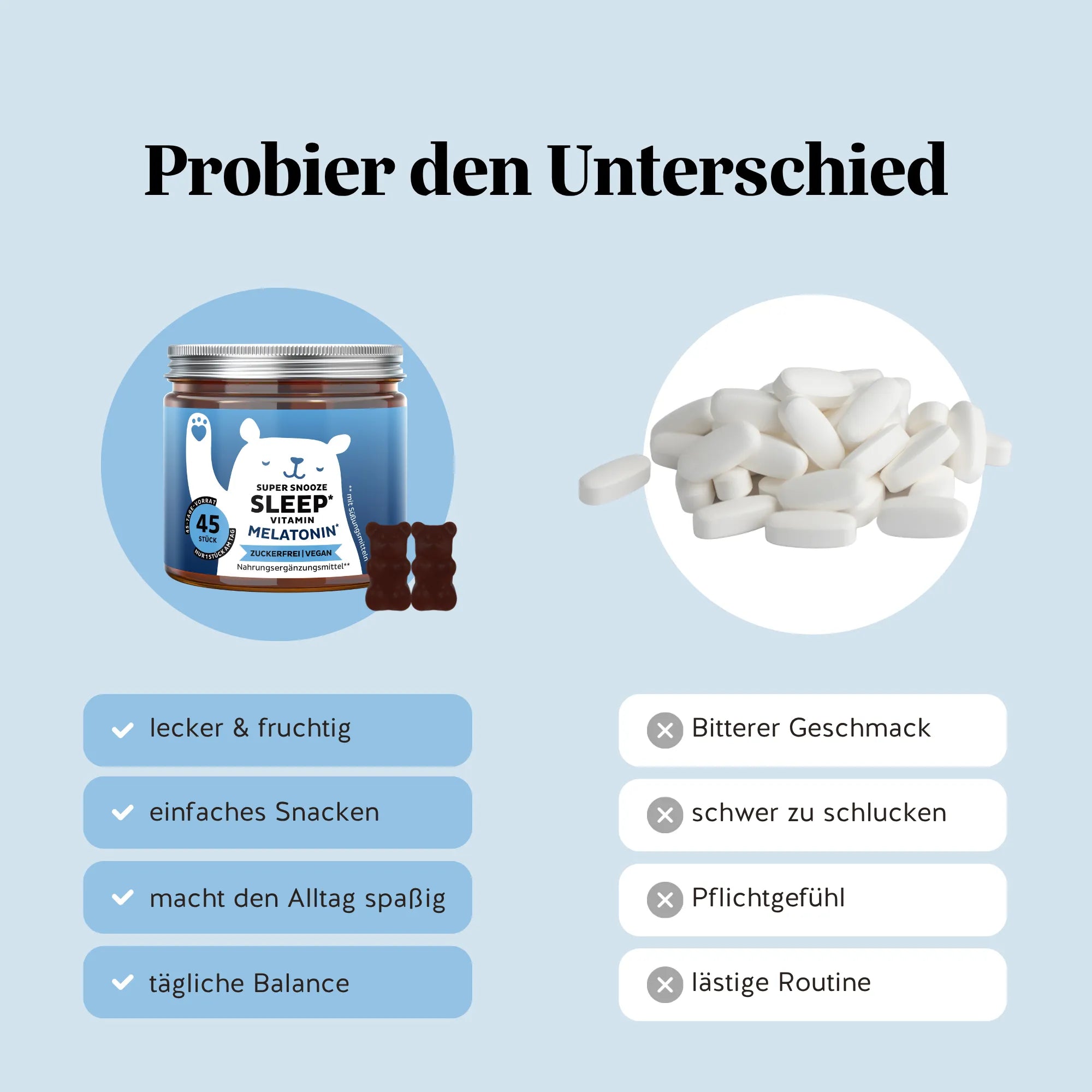 Bears with Benefits Super Snooze Sleep Vitamin – Vergleich Melatonin Gummibärchen vs. Tabletten: lecker & fruchtig, einfach zu kauen, kein bitterer Geschmack, vegane Alternative zu Melatonin Tabletten für die Nacht