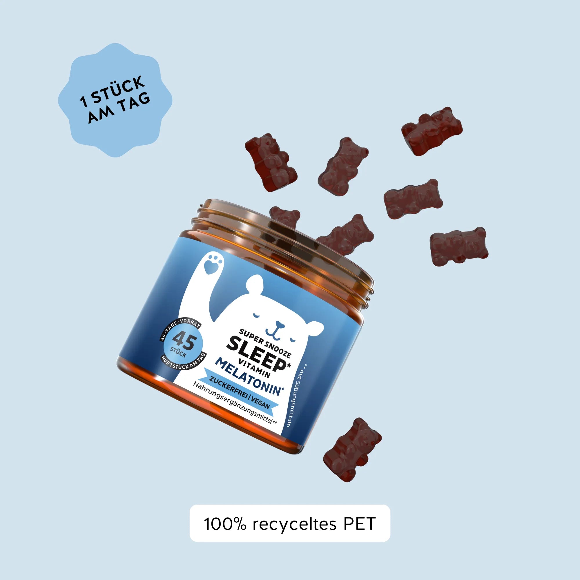 Bears with Benefits Super Snooze Sleep Vitamin – Verzehrempfehlung 1 Melatonin Gummibärchen pro Tag, 45 Stück Vorrat, Verpackung aus 100% recyceltem PET, zuckerfrei & vegan