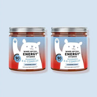 Bild des 2er-Packs des Wake-Up Call Energy vitamin von Bears with Benefits mit insgesamt 180 Gummibärchen zur Unterstützung des Energiestoffwechsels.