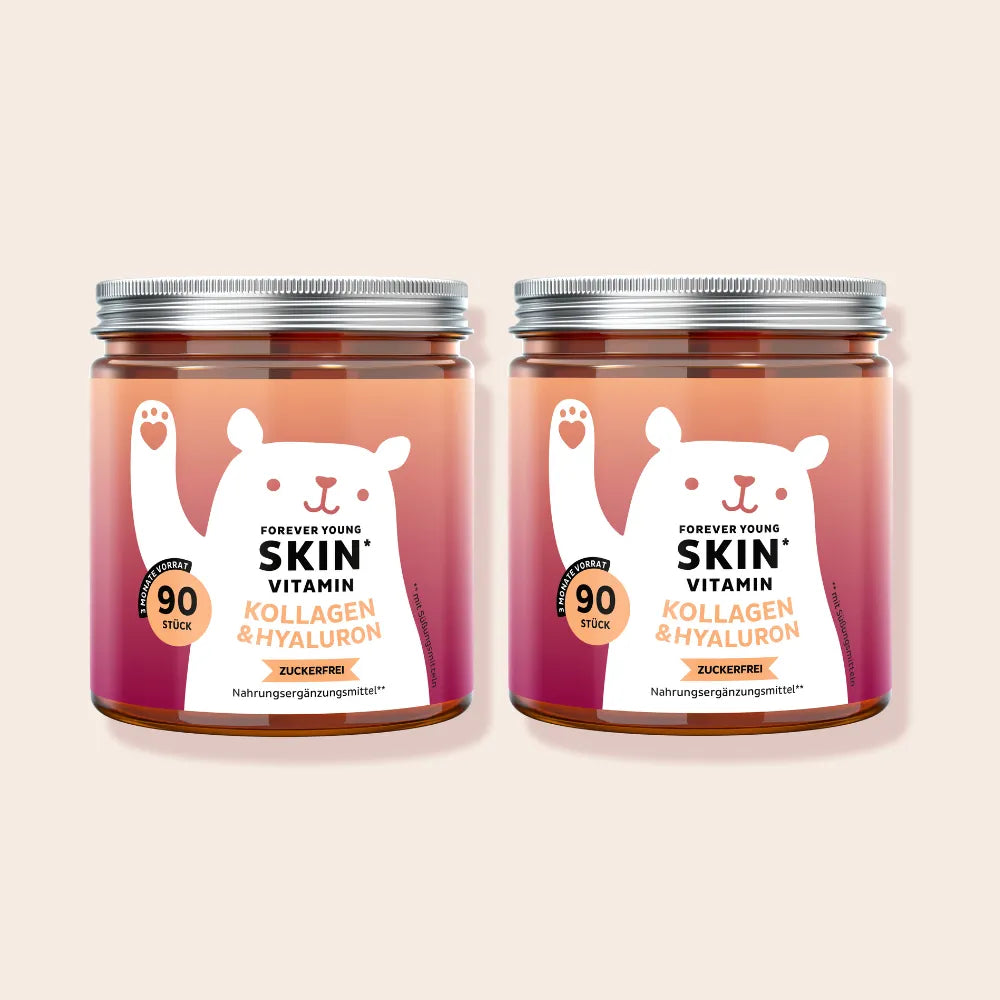 Bears with Benefits Forever Young SKIN Vitamin – Kollagen & Hyaluron Gummibärchen für normale Kollagenbildung und normale Funktion der Haut, 500 mg Kollagenpeptide + 100 mg Hyaluronsäure pro Bärchen, 2er Pack je 90 Stück, 6 Monate Vorrat, zuckerfrei